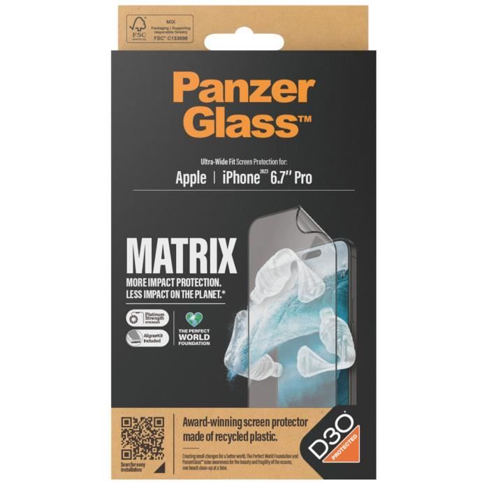 Protection d'écran - PANZER GLASS - Matrix Recycled Ultra-Wide Fit - Anti-bactérienne - iPhone 15 Pro Max