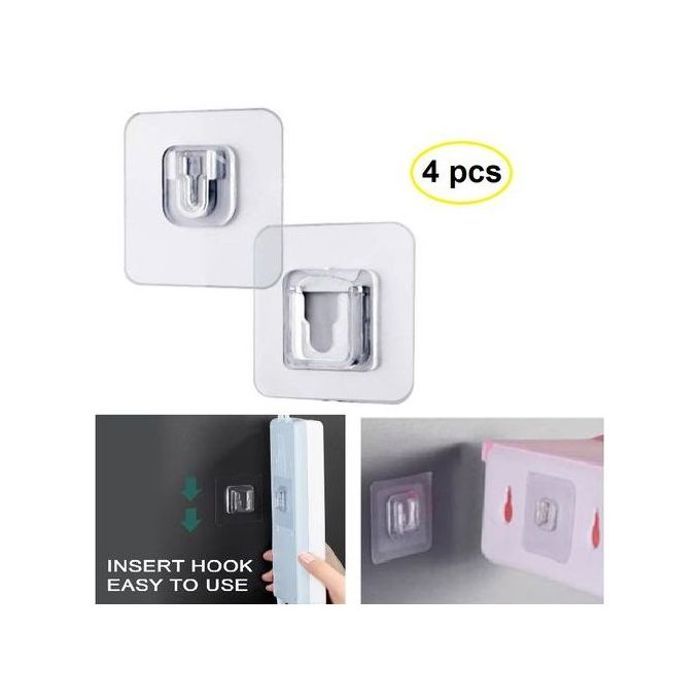 Lot de 4 Crochets Muraux Adhésifs - Double Face - Transparent - Réutilisables - Antidérapants