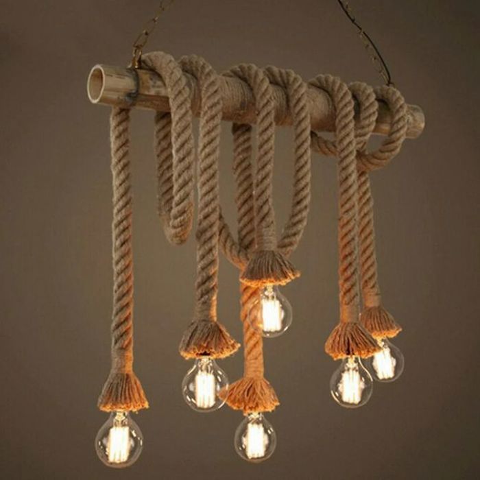 Lustre Vintage En Corde De Bambou à 6 Têtes, Suspension Industrielle