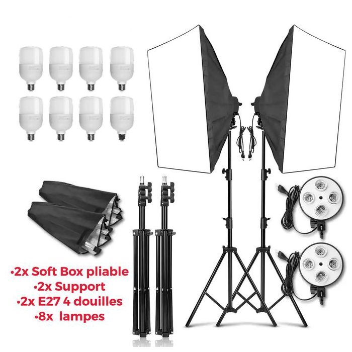 2 Softbox 50x70cm ,8 lampes, 2 Tripied 200cm, studio photographie video