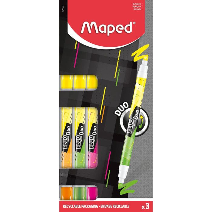 Surligneur - MAPED - FLUO PEPS PEN DUO - Blister de 3 - 2 pointes - Largeur de tracé 3,0 mm