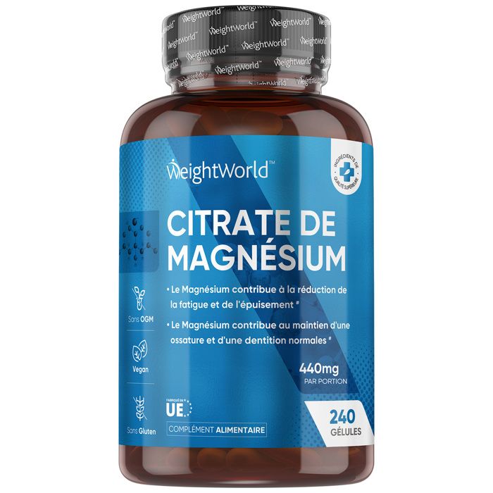 Citrate de Magnésium 1480mg, 240 Gélules Vegan - 440 mg de Magnésium Élémentaire - Complément Alimentaire pour Sportifs