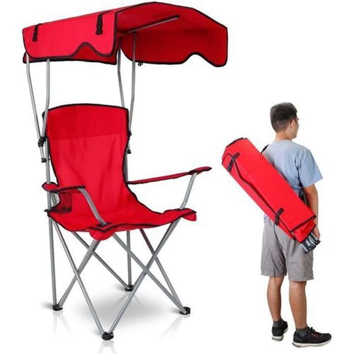 Chaise de camping - Portable - Avec auvent - Porte-gobelet - Tissu polyester 600D - 150kg