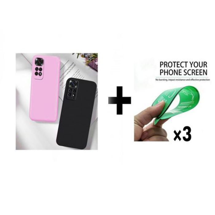 Case Pack : 2 Pochette Redmi Note 11 4G Silicone Noir Et Rose + 3 Protection Incassable