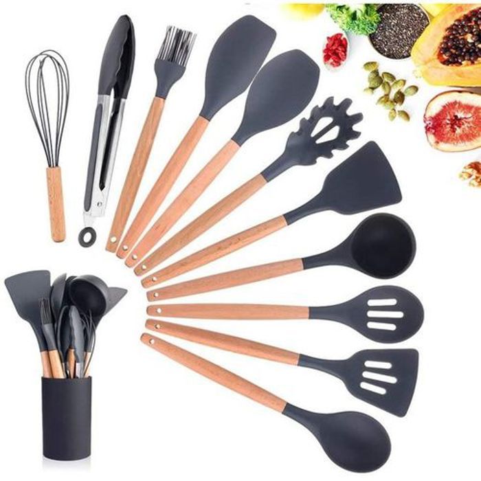 Kitchen Set 12 Pièces Ustensiles de Cuisine Résistant à la Chaleur en Silicone et Bois