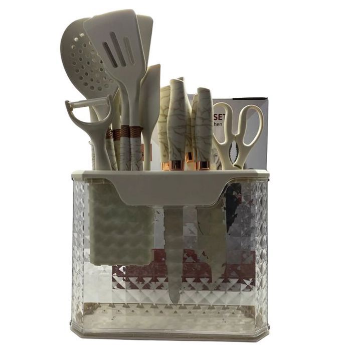 Set dustensiles de Cuisine Premium – 16 pieces avec Support Design Marbre