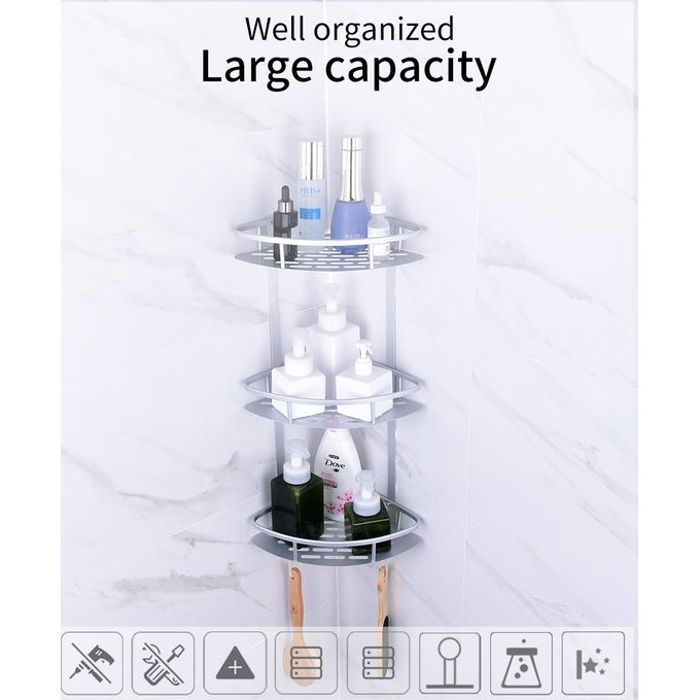 Étagères d'angle triangulaires - Aluminium - 3 couches - Organisateur - Crochet - 10 kg max