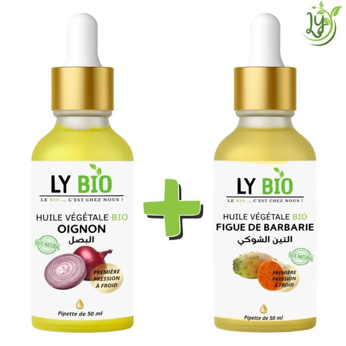 Pack d'huiles - LYBIO - Huile Oignon 50ml - Pipette - Huile Figue de Barbarie 50ml - Pipette