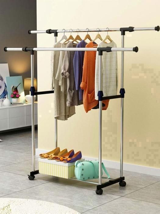 Portant à vêtements double barre - Métallique - Gris - Avec étagère à chaussures - 4 roulettes - Réglable