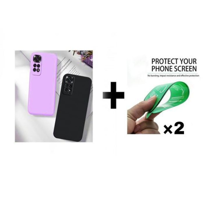 Case Pack : 2 Pochette Redmi Note 11 4G Silicone Noir Et Mauve + 2 Protection Incassable