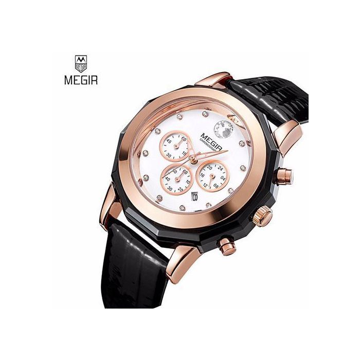 Montre Chronographe - MEGIR - Modèle Femme - Cuir Noir - Rose Gold - Étanche