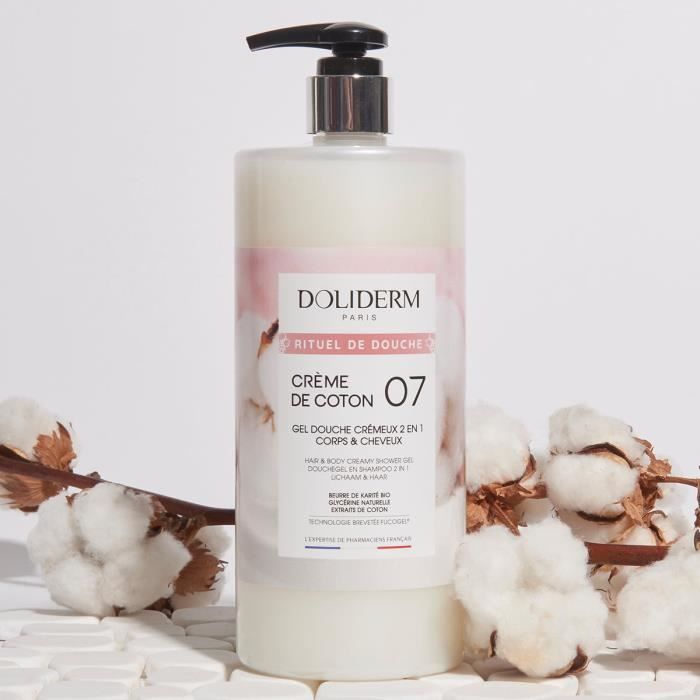 Gel douche - Doliderm - Crème de Coton 07 - 2 en 1 - Sans alcool - Flacon