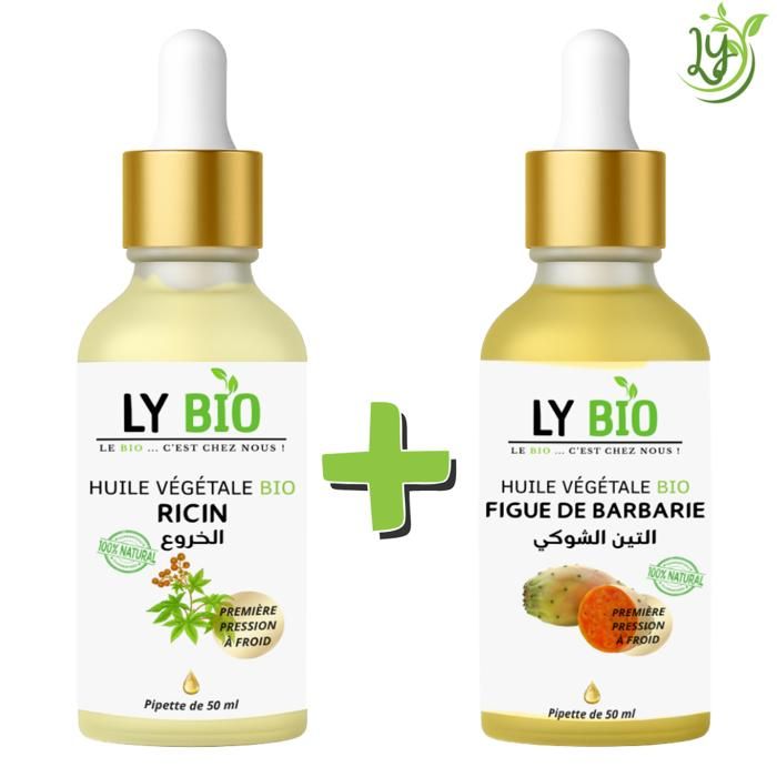 Pack d'huiles - LYBIO - Huile de ricin 50ml - Pipette - Huile de figue de barbarie 50ml - Pipette