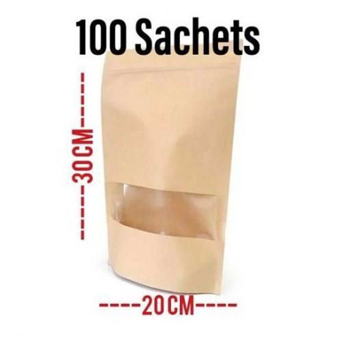 Pochettes Sachets kraft à fenêtre et fermeture Zippée.100 Sachets.
