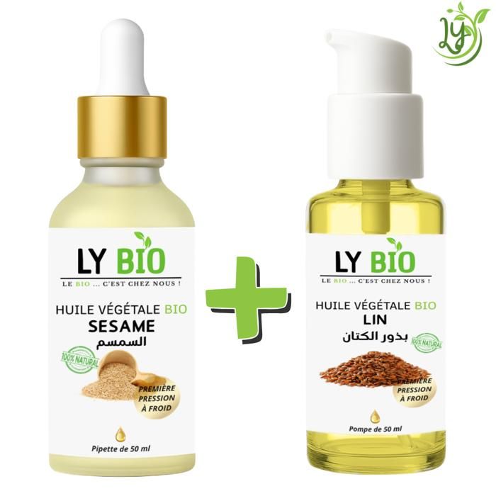 Pack Huile - LYBIO - Huile Sésame 50ml - Pipette - Huile Lin 50ml - Pompe