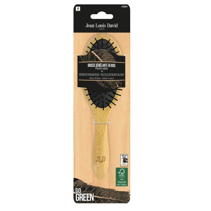 Brosse Démélante - JEAN LOUIS DAVID - FEELING WOOD - Picots Nylon - Démêlage Doux - Cuir Chevelu Massé