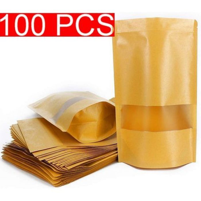 100 Sachet kraft Alimentaire avec Fenetre, 20×30CM Zip Réutilisables,