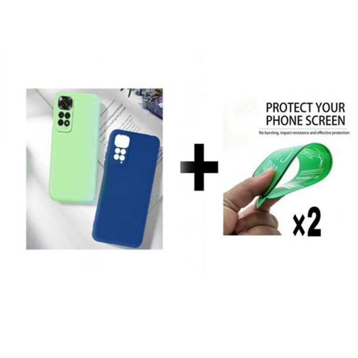 Case Pack : 2 Pochette Redmi Note 11 4G Silicone Bleu Et Vert + 2 Protection Incassable
