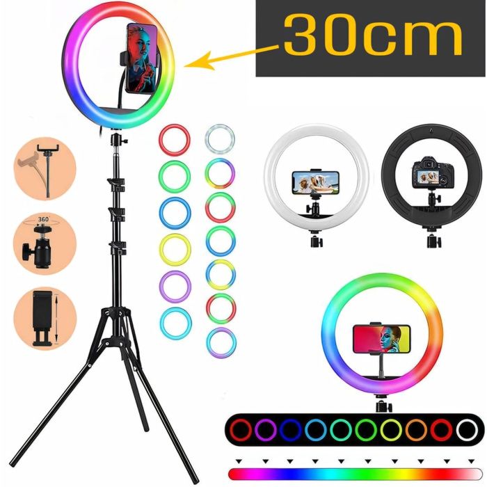 Ring light RGB 30 cm avec support 2.1 M pour Youtube / TIKTOK