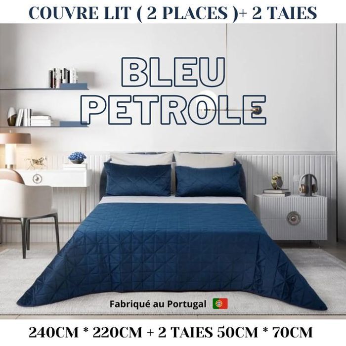 Couvre-lit Chic 240cm x 220cm + 2 Taies d'Oreillers Porto - Bleu