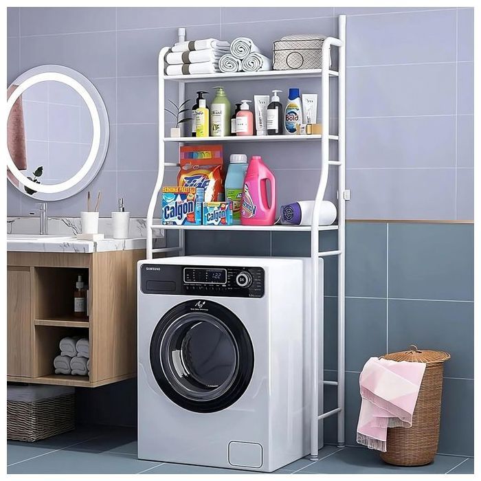 Etagere Salle de Bain à 3 Niveaux pour Machine à Laver - Pieds Réglables en Hauteur - Étagère de Rangement Murale