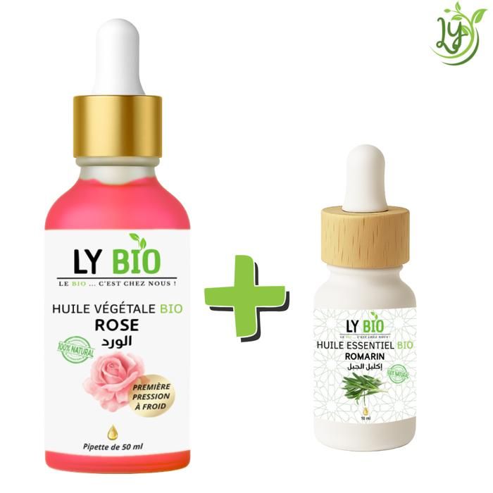 Pack de soins - LYBIO - Huile Rose 50ml - Huile Essentielle Romarin 10ml - Hydratant - Mixte