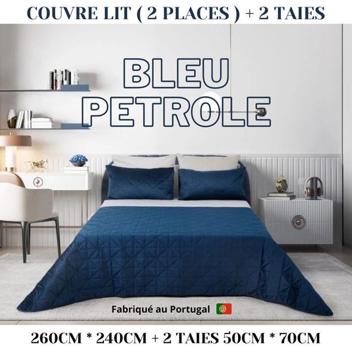 Couvre-lit Matelassé Bleu - Porto - 260x240 cm - 2 Taies d'oreiller