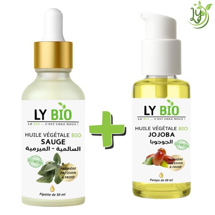 Pack d'huiles - LYBIO - Huile de sauge 50ml - Pipette - Huile de jojoba 50ml - Pompe