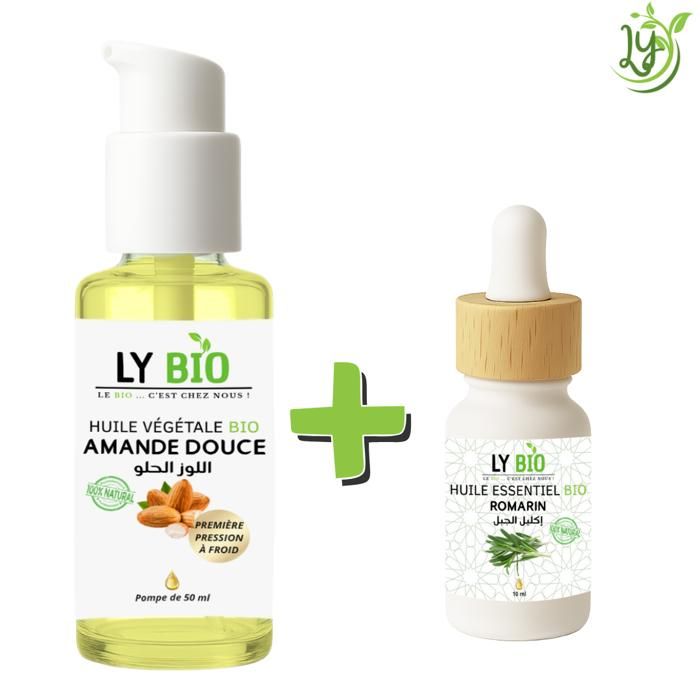 LYBIO PACK HUILE AMANDE DOUCE 50ml - POMPE + HUILE ESSENTIEL ROMARIN 10ML