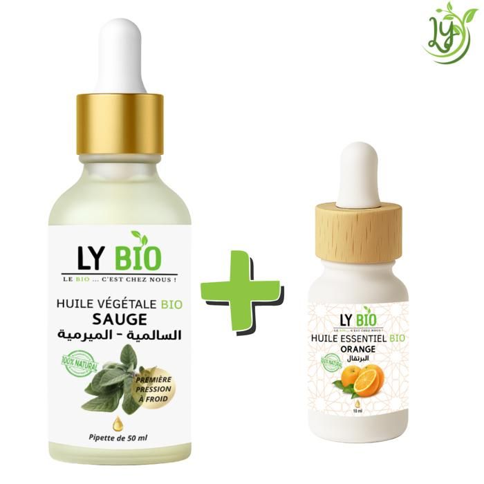 Pack d'huiles - LYBIO - Huile de sauge 50ml - Pipette - Huile essentielle orange 10ml - Bien-être quotidien