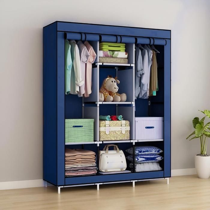 Armoire de Vêtements Portable demontable 3 Porte Bleu