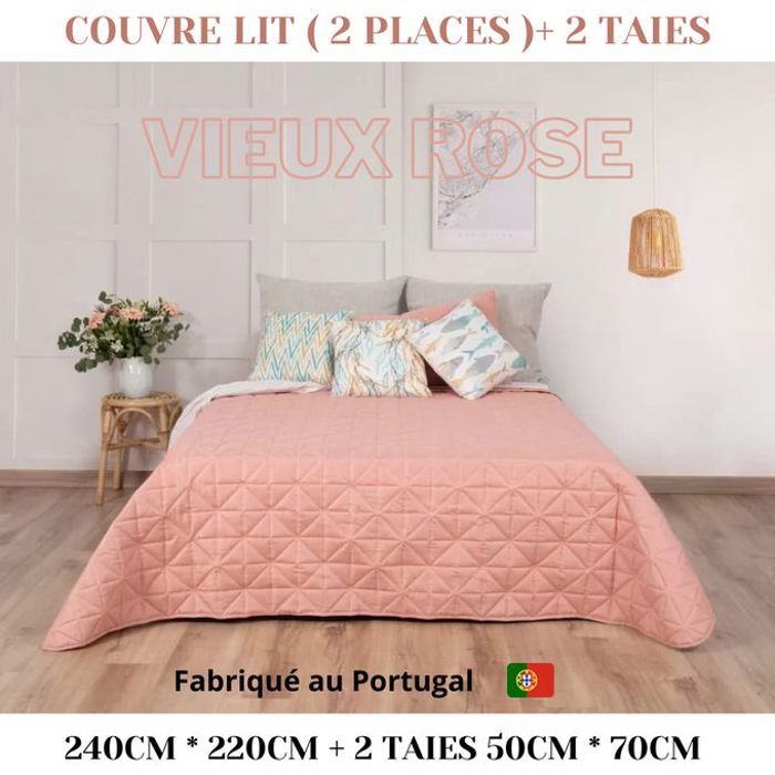 Couvre-lit Matelassé Rose - Porto - 240x220 cm - 2 Taies d'oreiller