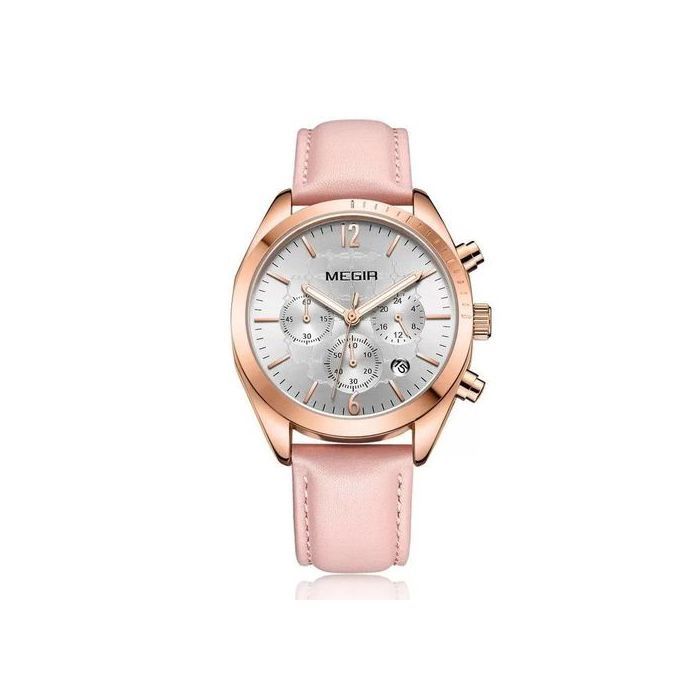 Montre Femme - MEGIR - Chronographe à Quartz - Cuir Noir - Résistante à l'Eau - Élégante