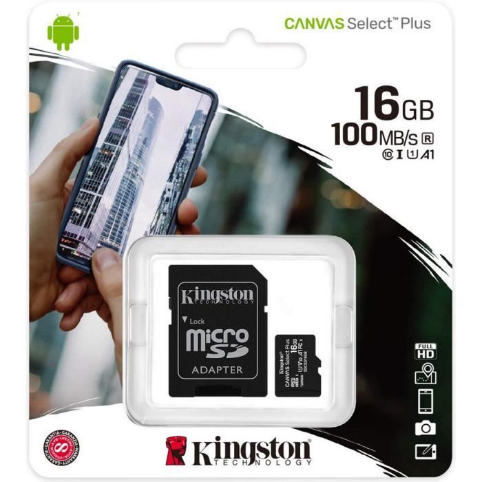 Carte mémoire microSDHC UHS-I KINGSTON Canvas Select Plus 16Go - Classe 10 - 100Mo/s+