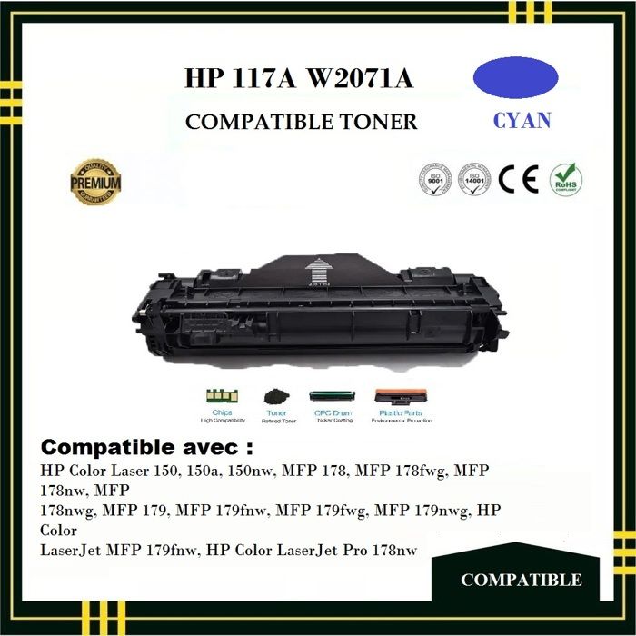 Toner Compatible - HP 117A W2071A - Couleur Cyan -  - Impression Laser