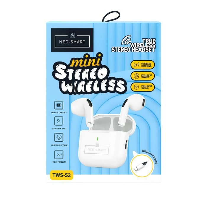Écouteurs Neo-Smart TWS-S2 Mini, sans fil stéréo HiFi, autonomie longue durée, recharge sans fil, compacts et confortables
