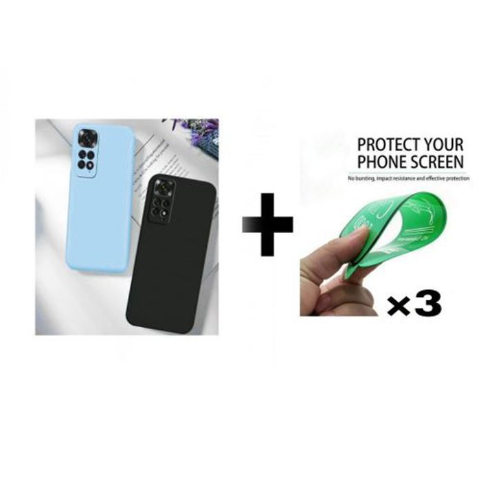 Case Pack : 2 Pochette Redmi Note 11 4G Silicone Noir Et Bleu Ciel + 3 Protection Incassable