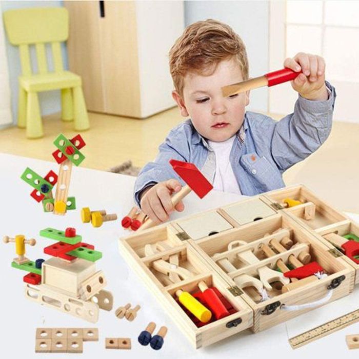 Jouet enfant educatif boîte à outils portable en bois