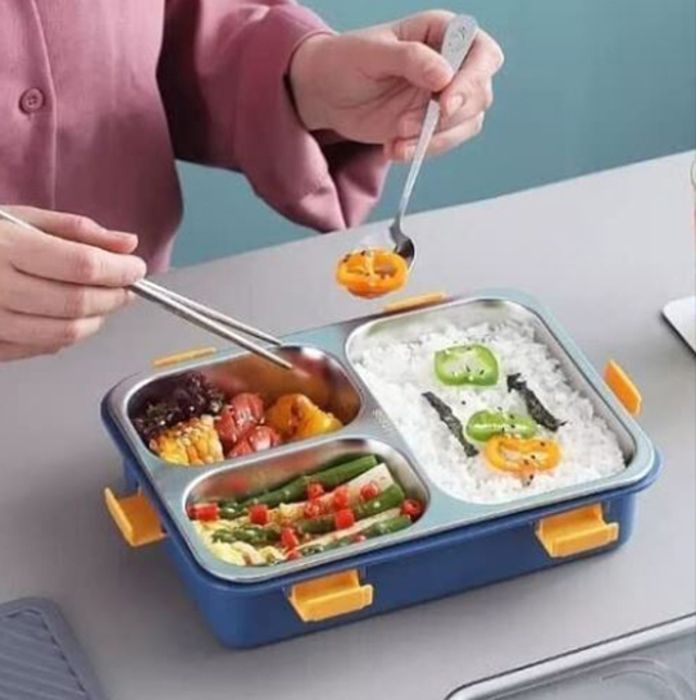 Boîte à lunch avec cuillère et fourchette, taille parfaite et durable, 3 compartiments en acier inoxydable