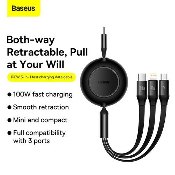 Baseus Cable Bright Mirror 2 Series Retractable 100W 3-En-1 Fast Charging Data Cable