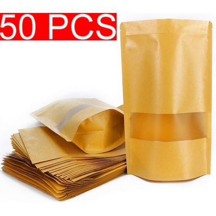 50 Sachet kraft Alimentaire avec Fenetre, 20×30CM Zip Réutilisables,