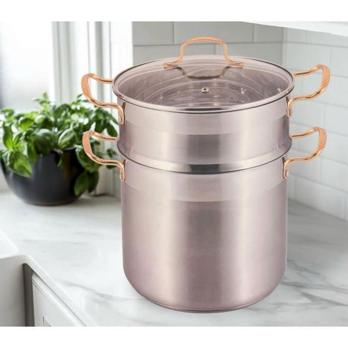 Couscoussier - Inox - 6 Litres - Couvercle en Verre - Anses Bronze - Haute Qualité