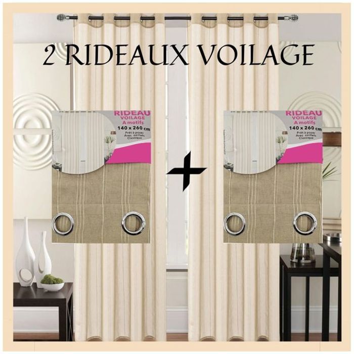 Rideaux Voilage Motifs Rayés Taupe Chaud 140/260 - BAYT AVENUE (x2)