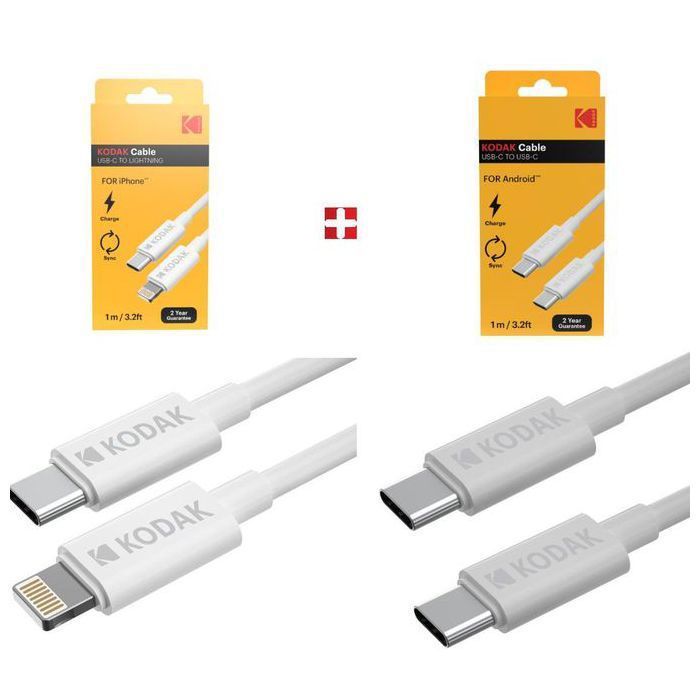 Kodak 2 cable originale 1M 3.2ft USB-C vers USB-C et USB-C vers Port Lightning -Blanc