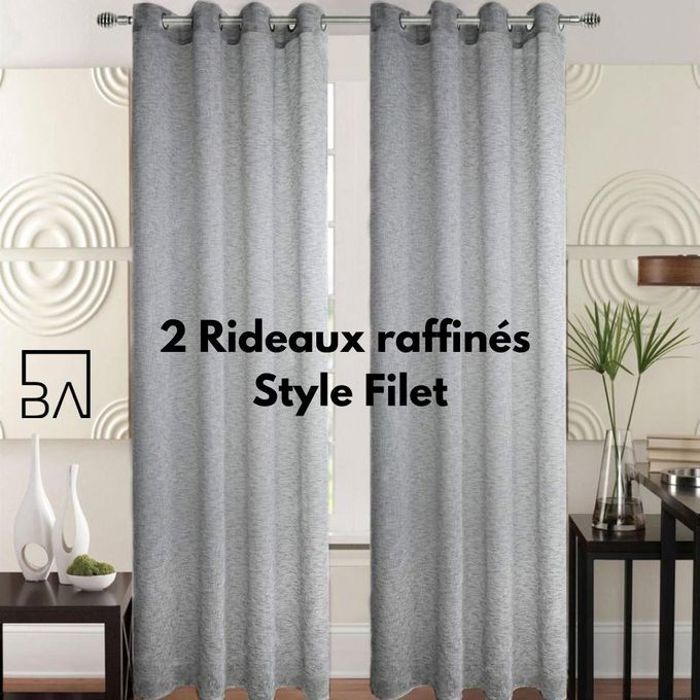 Rideaux Voilage Style Lin Gris - 2 Panneaux - 140x260cm