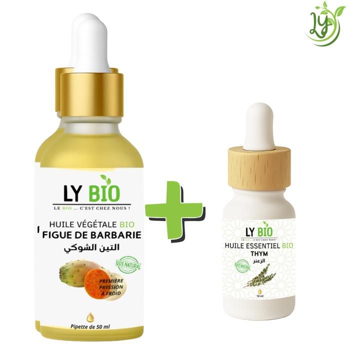 Pack de soins - LYBIO - Huile Figue de Barbarie 50ml - Pipette - Huile Essentielle Thym 10ml - Nourrissant
