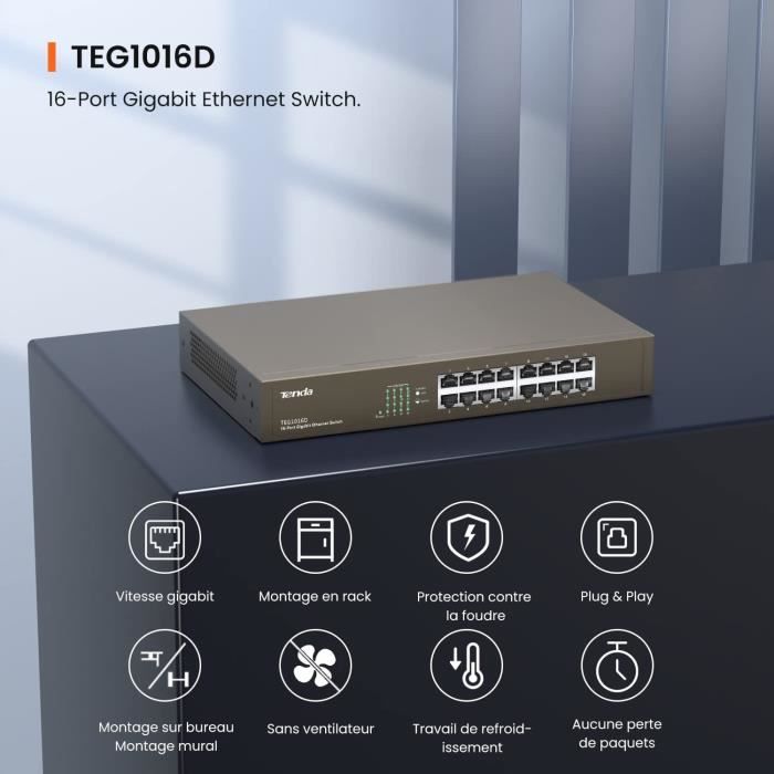 Switch Ethernet - TENDA - TEG1016D - 16 Ports - Gigabit - Plug & Play