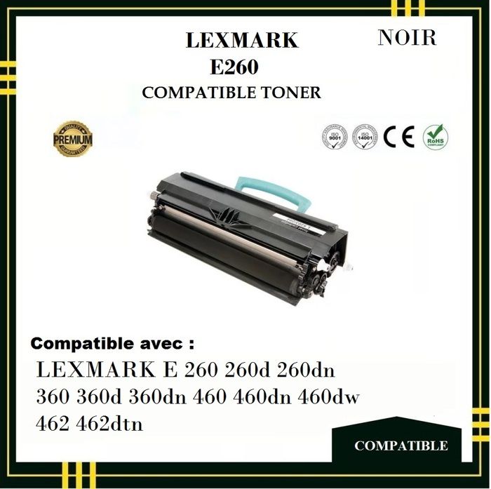 Toner Compatible - LEXMARK - E260 - Noir - Pack de 2 - Impression Laser