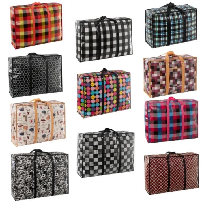 Sac à provisions extra larges en plastique à carreaux avec fermeture éclair(Couleur aléatoire)