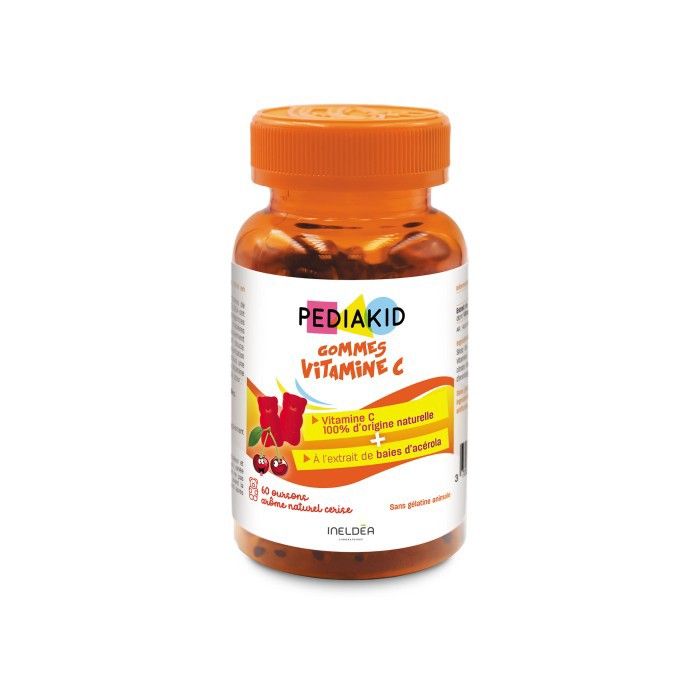 PEDIAKID - 60 Gommes Vitamine C - Formule Naturelle -Goût Cerise - Contribue à Réduire la Fatigue - Soutient le Métabolisme Énergéti
